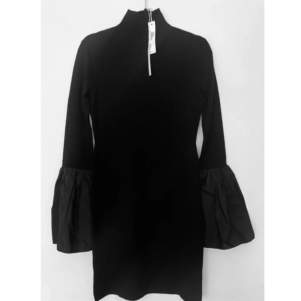 Trina Turk Black Wool Larissa Sweater Dress Mock Turtleneck Taffeta Bell Cuffs S - Picture 4 of 7
